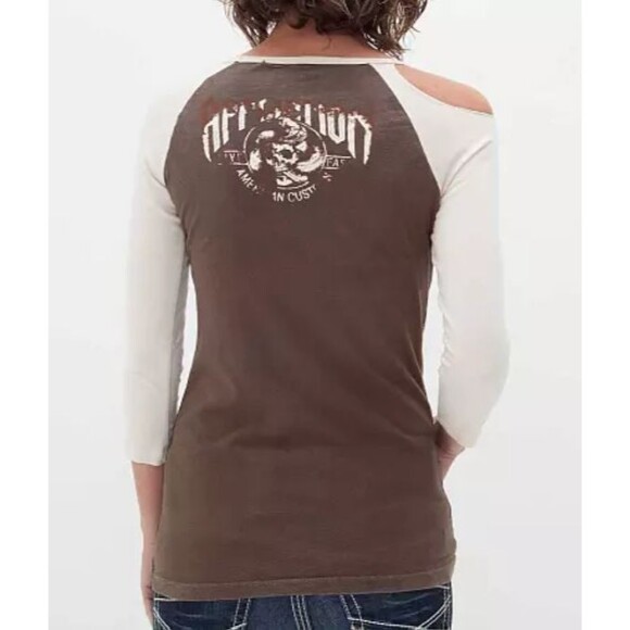 AFFLICTION Womens Shirt SMALL American Custom Bushmaster Long Sleeve Logo Raglan - Picture 2 of 14